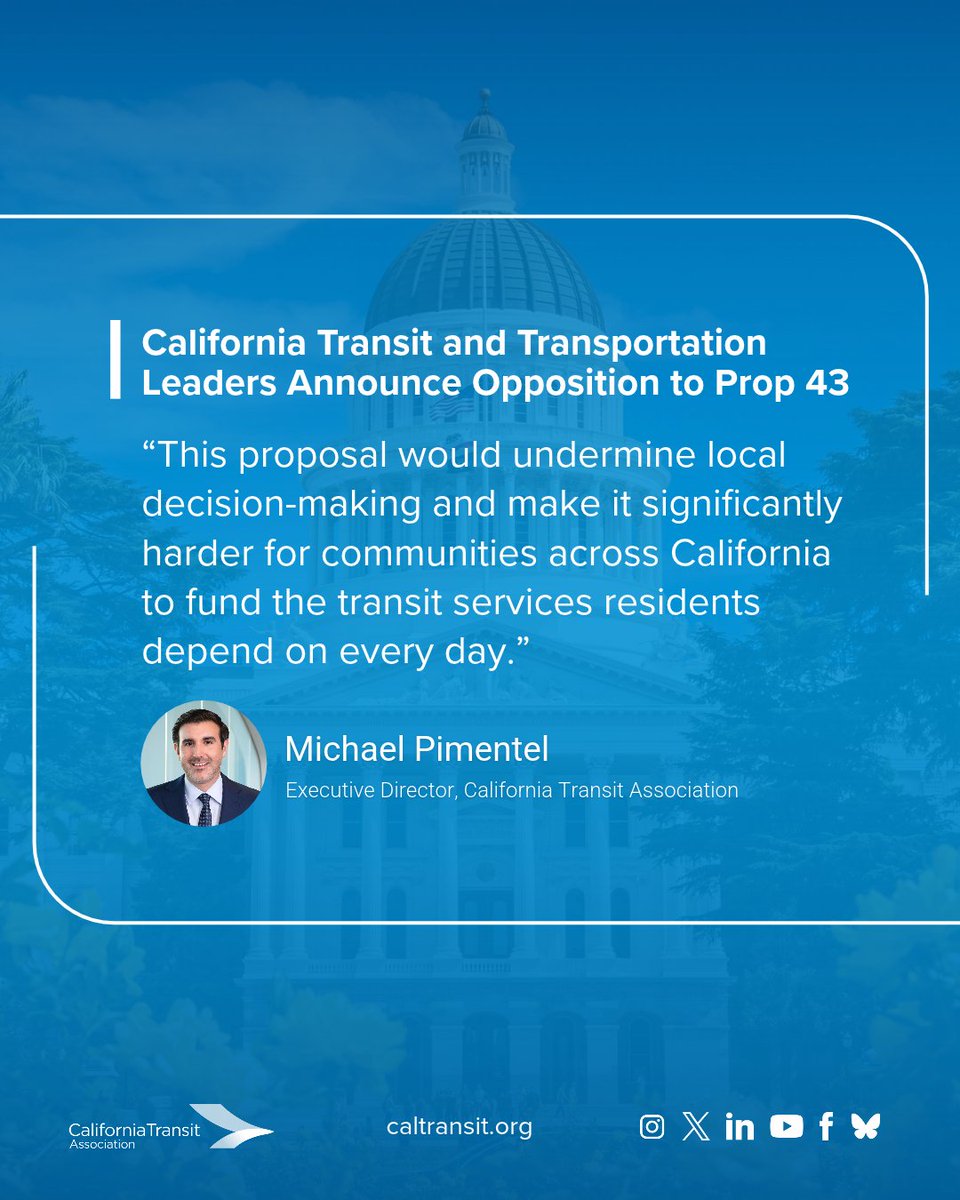 CalTransit's tweet photo. Local voices. Local choices. A stronger future for transit.

The California Transit Association joins transportation leaders statewide in opposing Prop 43, which would raise the threshold for voter-led transit funding measures to a two-thirds supermajority—allowing a small minority to block investments supported by most voters.

Protect communities' ability to fund the buses and trains that connect people to jobs, education, and essential services. Vote NO on Prop 43.

Learn more: https://t.co/vc98G0wOoP