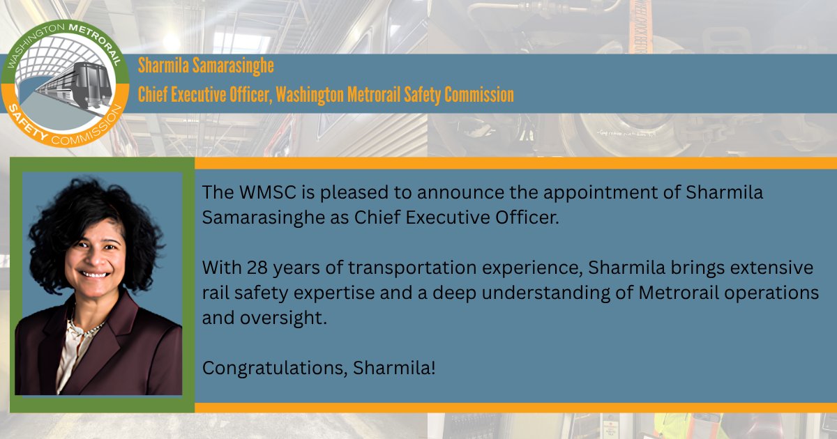 MetrorailSafety's tweet photo. Sharmila Samarasinghe appointed as next WMSC Chief Executive Officer! https://t.co/7wTgo1P8AC