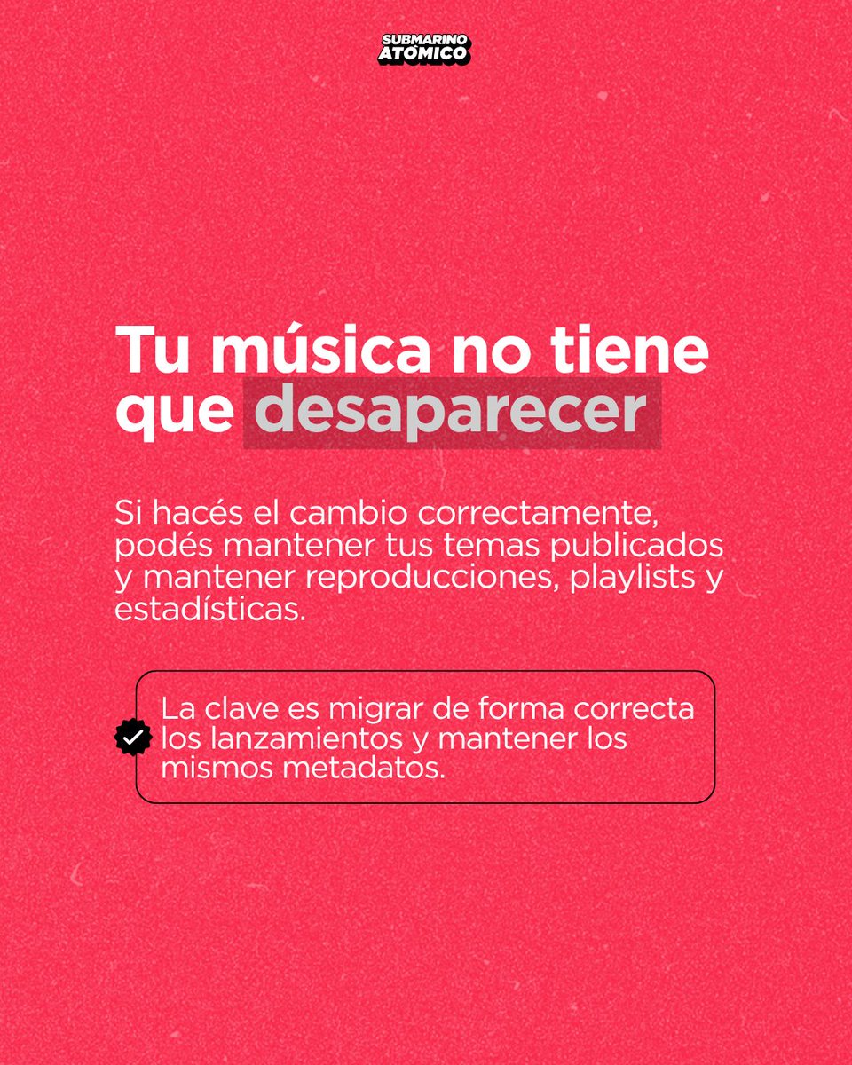 submarinoatomic's tweet photo. Cambiar de distribuidora no debería significar empezar de cero. 🙃

⚡️En Submarino Atómico te acompañamos en este proceso. ¿Querés sumarte? Escribinos y te contamos cómo trabajar con nosotros.

#SubmarinoAtómico #DistribuciónMusical #ISRC https://t.co/NUmj4GTVcB