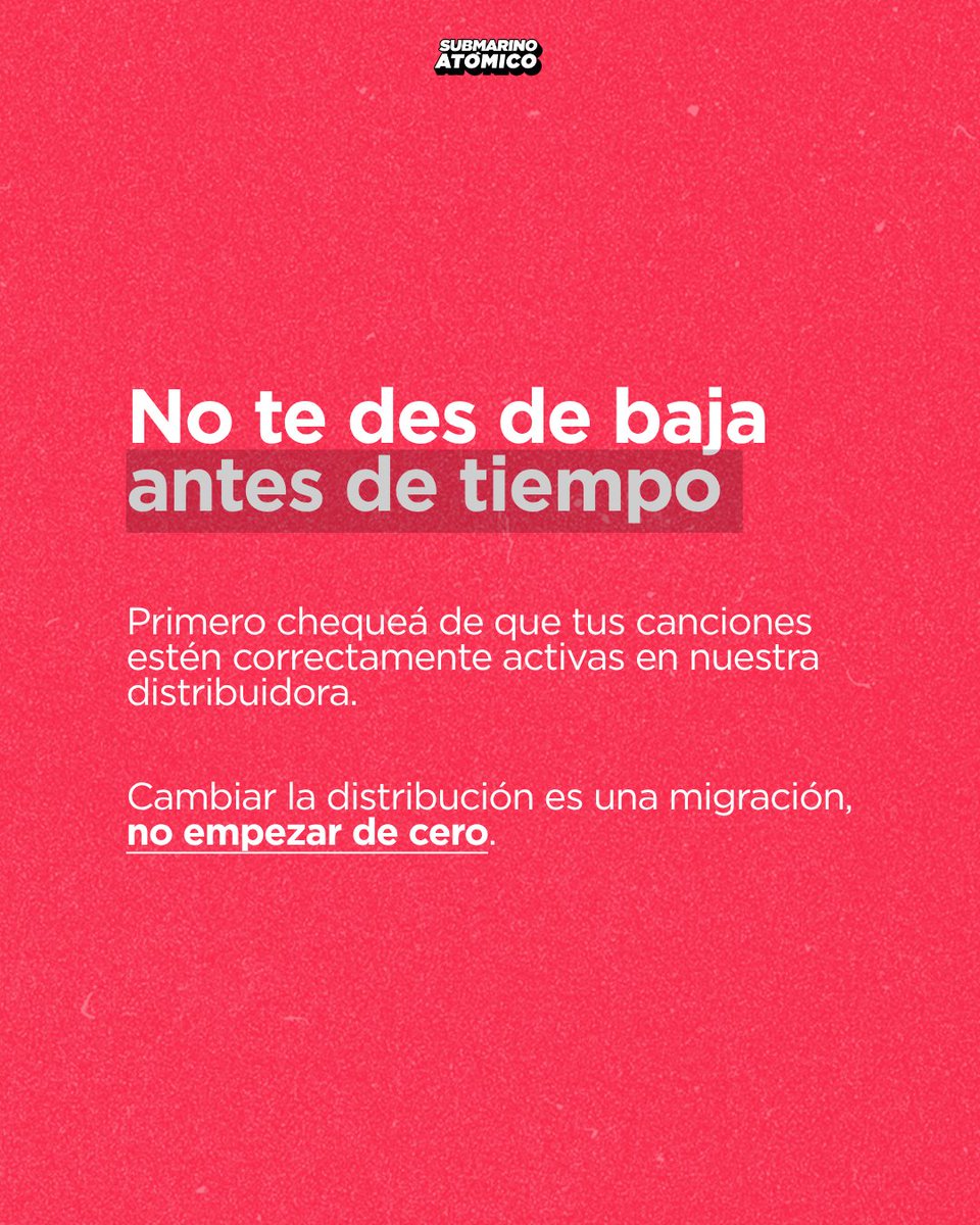 submarinoatomic's tweet photo. Cambiar de distribuidora no debería significar empezar de cero. 🙃

⚡️En Submarino Atómico te acompañamos en este proceso. ¿Querés sumarte? Escribinos y te contamos cómo trabajar con nosotros.

#SubmarinoAtómico #DistribuciónMusical #ISRC https://t.co/NUmj4GTVcB