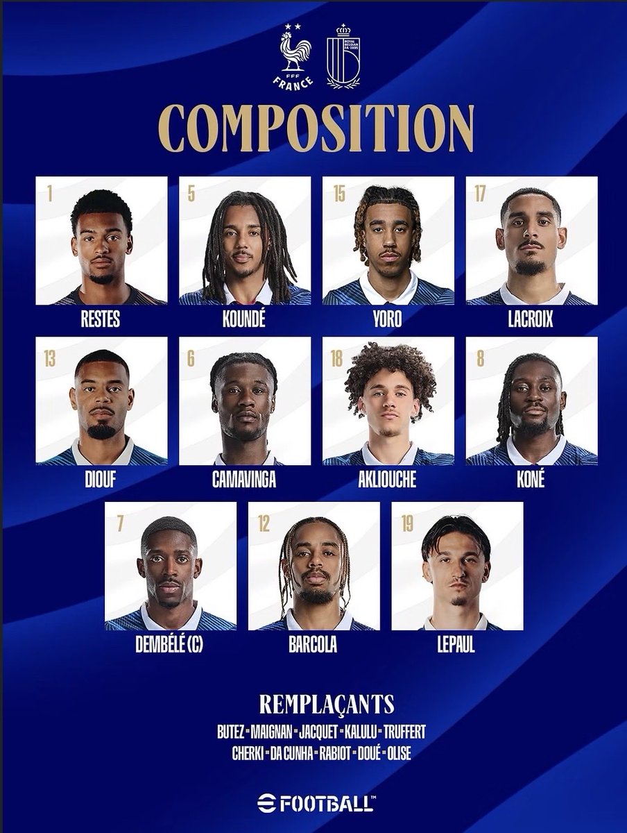 _TopFoot's tweet photo. Les notes de 🎯 CibleFoot pour ce match France 🇫🇷 - Belgique 🇧🇪 : 

Restes : 5 
Kounde : 6
Yoro : 7 
Lacroix : 5 
Diouf : 4
Koné : 6,5
Camavinga : 7,5
Akliouche : 5 
Dembele : 3 
Lepaul : 4 
Barcola : 3

Doué : 8 
Olise : 8,5
Da Cunha : 7
Cherki : 8
Rabiot : pas noté

#FRABEL https://t.co/Hp48lxQNiA