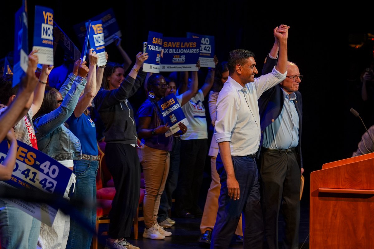 saikatc's tweet photo. The whole world is watching to see if California can pass Prop 40 and tax the wealth of billionaires. This weekend in SF, the Curran Theatre was packed for a rally with @BernieSanders and @RoKhanna. If California can go up against the billionaires and win, the nation and world will follow. Vote YES on Prop 40 and NO on Prop 41 and Prop 42!