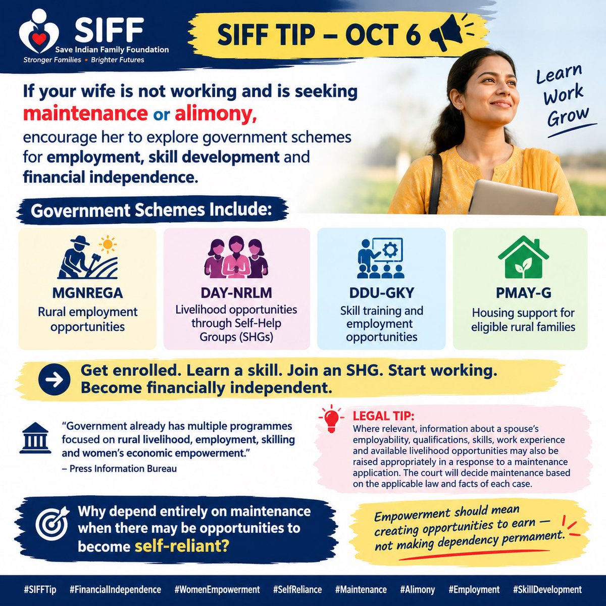 AblaMard's tweet photo. ⚖️ SIFF TIP – OCTOBER 6

#SIFF__Calendar #SIFF__TipoftheDay 
@realsiff @SamSiff 

🇮🇳 Empowerment should mean creating opportunities to earn — not making dependency permanent.

💡 If your wife is not working and is seeking maintenance or alimony, encourage her to explore government schemes for employment, skill development and financial independence.

🇮🇳 Government already offers several programmes aimed at rural employment, livelihood, skilling and women’s economic empowerment, including:

• MGNREGA – Rural employment opportunities
• DAY-NRLM – Livelihood opportunities through Self-Help Groups (SHGs)
• DDU-GKY – Skill training and employment opportunities
• PMAY-G – Housing support for eligible rural families

👉 Get enrolled. Learn a skill. Join an SHG. Start working. Become financially independent.

💪 Financial independence brings dignity, confidence and choice.

❓ Why depend entirely on maintenance when there may be opportunities to become self-reliant?