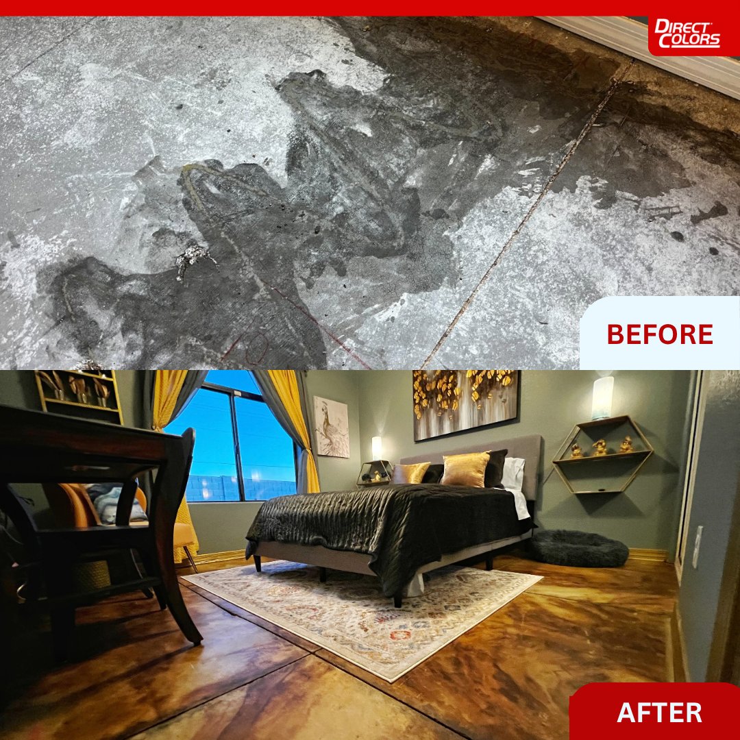 DirectColors's tweet photo. EverStain Acid Stain in Azure Blue, Desert Amber and Shifting Sand on a bedroom concrete floor is a reminder that the rooms we spend the most time in are usually the ones we design the least. 💙🤎✨

Bedrooms get overlooked constantly. The floor gets carpet or whatever was already there when the house was bought, and the room ends up functioning perfectly well without ever feeling genuinely considered. This project took the opposite approach and made the floor the foundation of the entire space.

It is a detail you notice every single morning and somehow never get tired of. 💪

What is the first thing you notice walking into a bedroom? 👇

#ConcreteStain #BedroomFloor #EverStain #AzureBlue #AcidStain