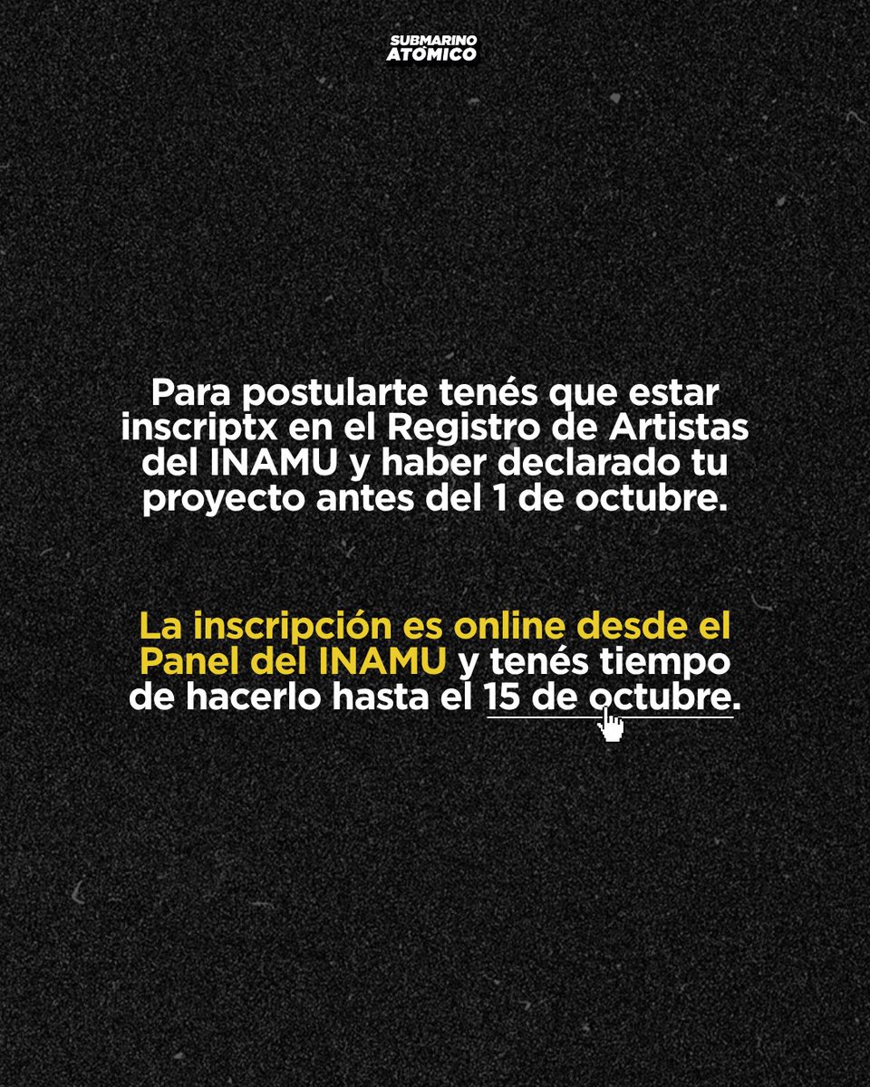 submarinoatomic's tweet photo. Si tenés un proyecto musical, esta noticia te puede interesar. 👀

El INAMU abrió su Convocatoria Anual de Fomento 2026, con aportes económicos para distintos proyectos y actividades musicales.

📌 La postulación está abierta hasta el 15 de octubre. https://t.co/ou99zXq1EW
