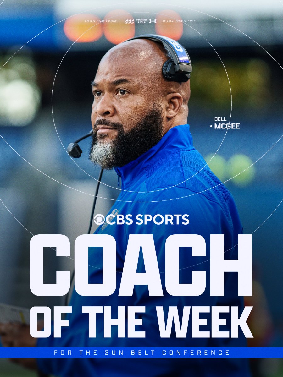GeorgiaStateFB's tweet photo. CBS Sports Head Coach of the Week

For the second week in a row, Dell McGee has been named @CBSSports Head Coach of the Week for the Sun Belt Conference!

#LightItBlue | #HistoryHappensHere