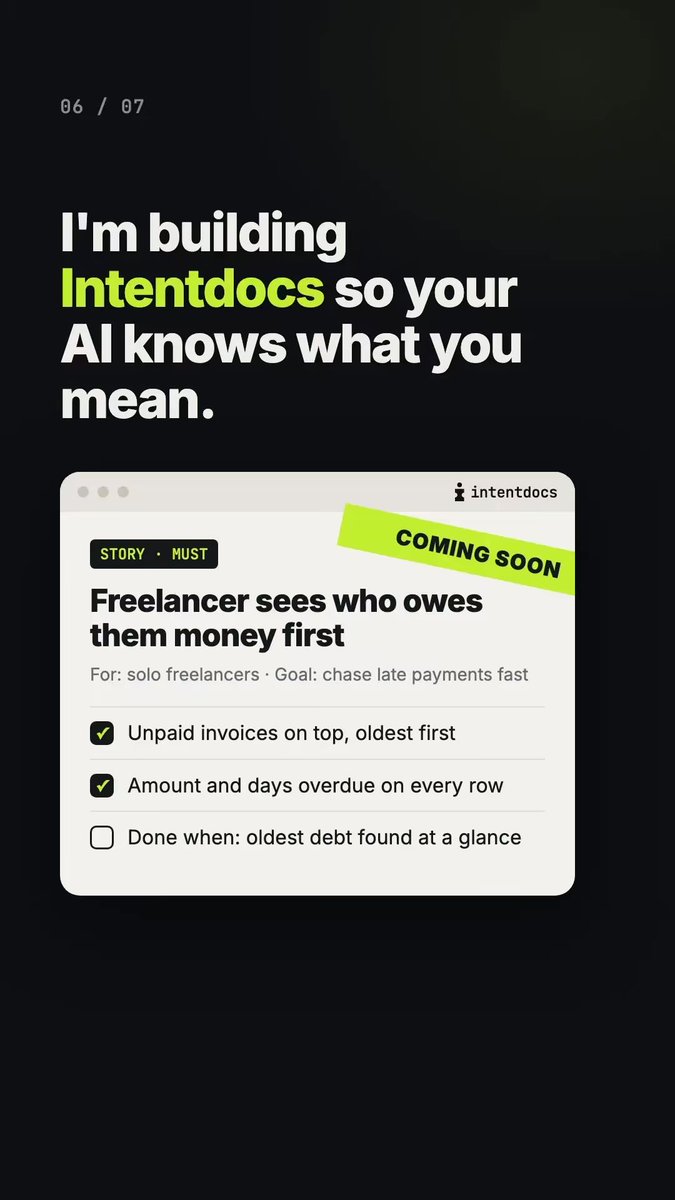 intentdocs's tweet photo. Three hours vibe coding and you're still explaining what ‘cleaner’ means. The problems isn't the Al - it's that you never decided what done looks like. I'm building in intentdocs to fix that. If you’re intrigued, join the waitlist at https://t.co/oXuB6UhnE2 #buildinpublic #vibecoding #Alcoding #indiehacker