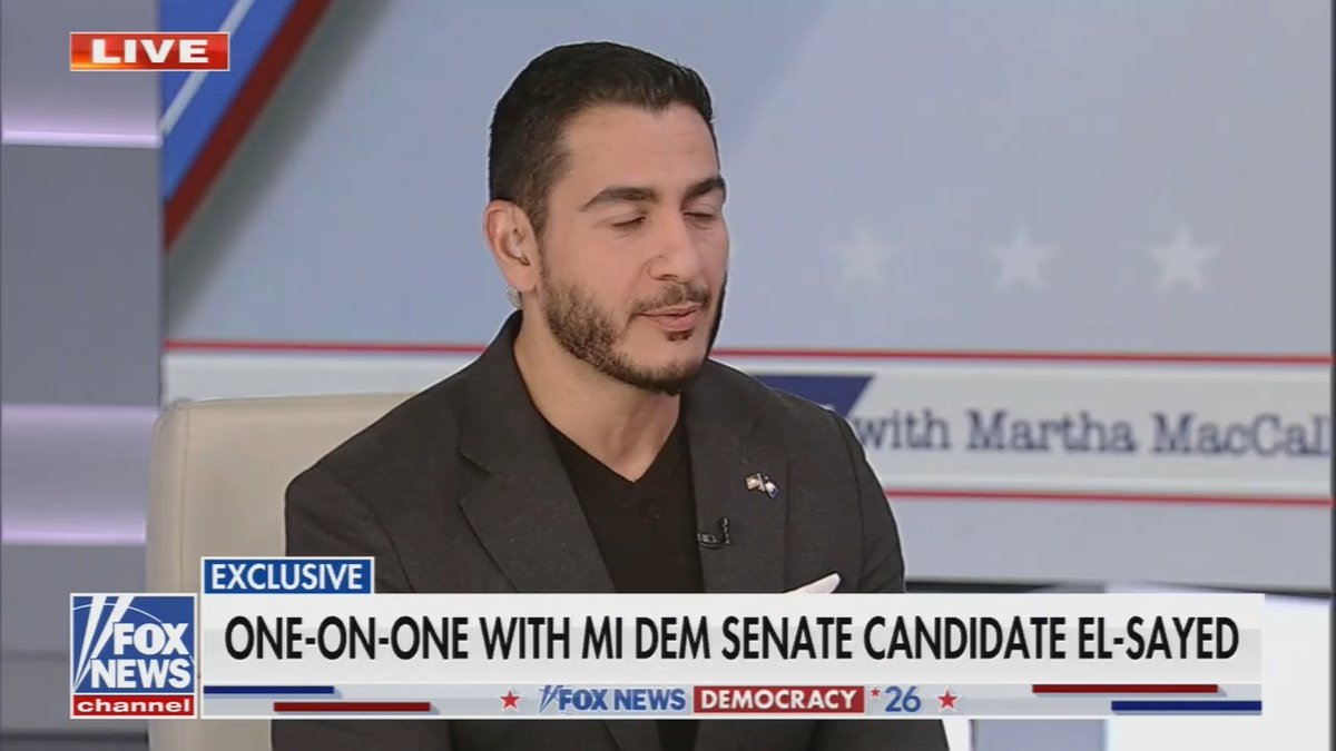 A Fox News live broadcast screenshot showing an interview with MI Democratic Senate candidate El-Sayed, with text "EXCLUSIVE: ONE-ON-ONE WITH MI DEM SENATE CANDIDATE EL-SAYED" displayed.