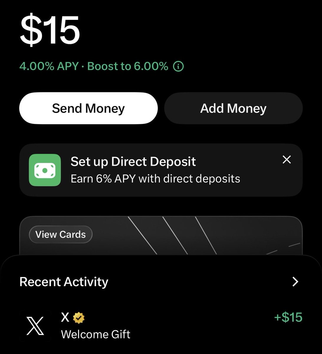 TspoonCards's tweet photo. @smoothcorners Didn’t know X gave you a welcome gift when you signed up for Money 😬

May be trying this out sooner than expected 🤔 https://t.co/lqNM3BzrA6