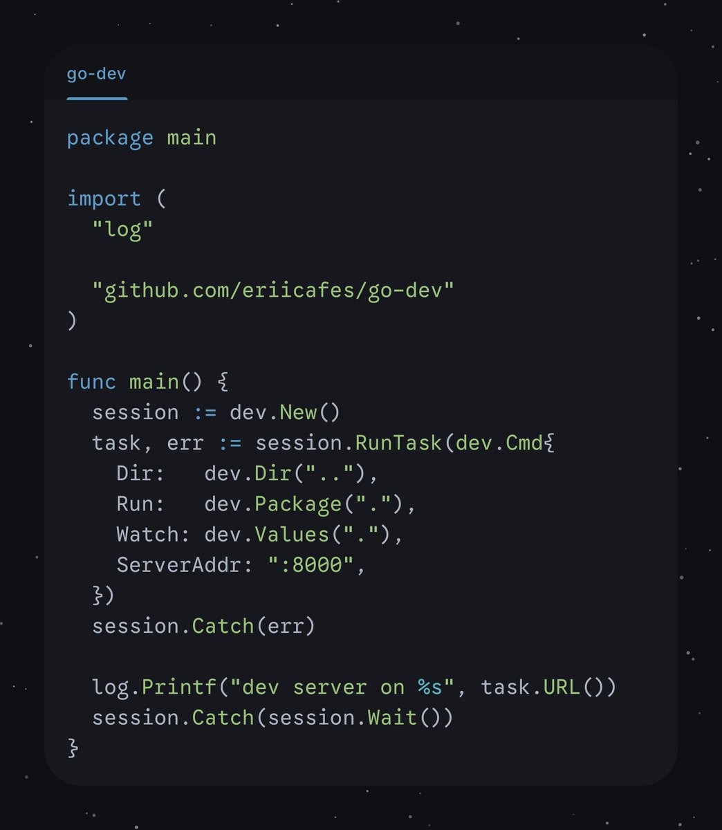 eriicafes's tweet photo. Introducing go-dev, a code driven development task runner that lives in your go project. It rebuilds your app on code changes, handles soft replacements. For web apps it supports auto refresh using vite.

Start your dev server as simple as `go run ./dev`

https://t.co/2pGzj1YqDY https://t.co/mPREM4vvD8