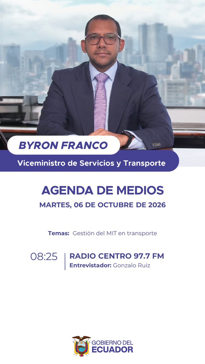 MIT_Ecuador's tweet photo. #MITEnMedios | El viceministro de Servicios y Transporte, Byron Franco, mantendrá este martes 06 de octubre de 2026, una entrevista para informar sobre la gestión del MIT en materia de transporte.
📻08:25 | @CentroEcuador https://t.co/HIzSbLqpa5