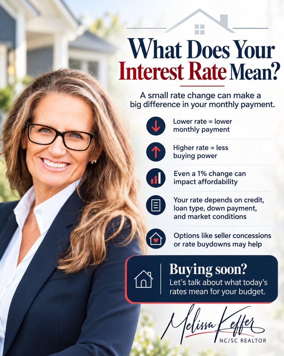 KefferMelissa's tweet photo. 🏡 Even a 1% rate change can impact your monthly payment and buying power.

Buying in Charlotte or the surrounding area? Let's talk about your options.

Melissa Keffer, NC/SC REALTOR®
Yancey Realty | The Wanner Group

#CharlotteRealEstate #MortgageRates #NCRealtor https://t.co/tFpPYV7Cep