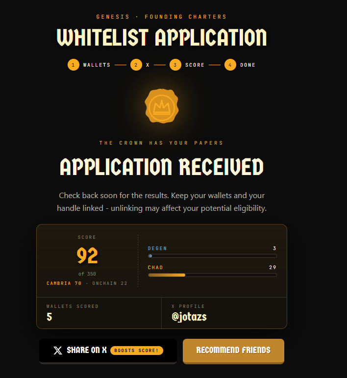jotazs__'s tweet photo. I just applied for the @playcambria Genesis whitelist.

Score: 92 / 350 · Cambria 70 · Onchain 22

https://t.co/cK8M3CVbN5 https://t.co/bGokBkTVVm