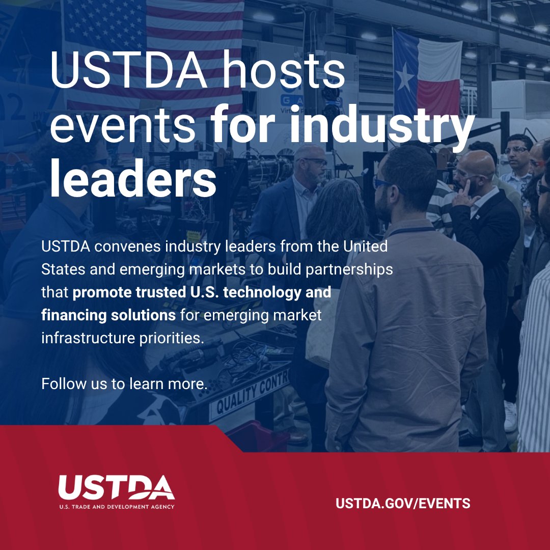 USTDA's tweet photo. #DidYouKnow USTDA convenes industry leaders from the United States and emerging markets to build partnerships that promote trusted U.S. technology and financing solutions for emerging market infrastructure priorities.

Find our latest events here: https://t.co/QF0MMYJHsc https://t.co/t0LPHUiiSy