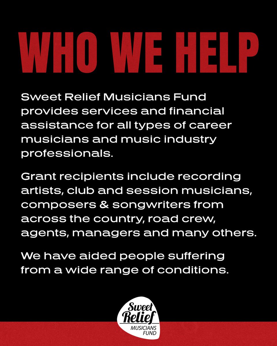 SweetRelief's tweet photo. What is Sweet Relief Musicians Fund?

Sweet Relief provides financial assistance to career musicians and music industry workers who are struggling to make ends meet while facing physical or mental health issues, disability, or age-related problems.

https://t.co/GhOI0I1Yry https://t.co/NHxjdIAtFR