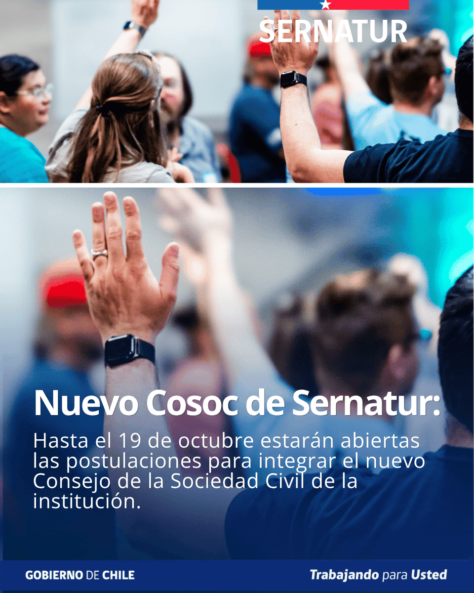 Sernatur's tweet photo. 📢 Sernatur invita a las organizaciones vinculadas al sector a postular al proceso de renovación de su Consejo de la Sociedad Civil (Cosoc), instancia que promueve la participación ciudadana.

✅ Postula hasta el 19 de octubre.
🔗 Más información en: https://t.co/a1lZngJxdI https://t.co/lGW523E2NE