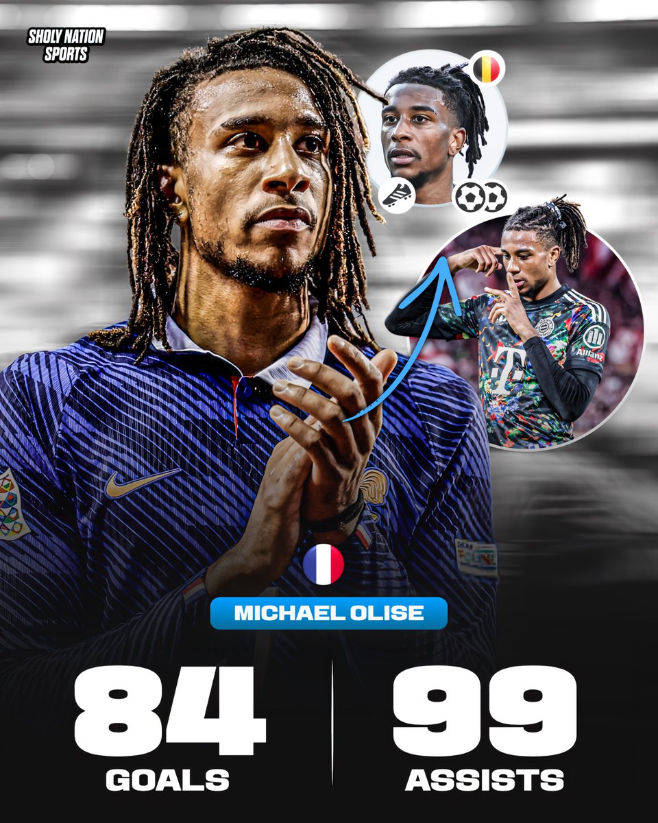 Sholynationsp's tweet photo. 🇫🇷 Michael Olise is 1 assist away from reaching 100 career assists.

👕 306 games
⚽️ 84 goals
🎯 99 assists
🏆 2x Bundesliga
🏆 German Cup
🏆 German Super Cup
⭐️ Best French Player Abroad
⭐️ Bundesliga Player of the Season
⭐️ EFL Championship Young Player of the Season
⭐️ Bundesliga Rookie of the Season

Special! 🔥