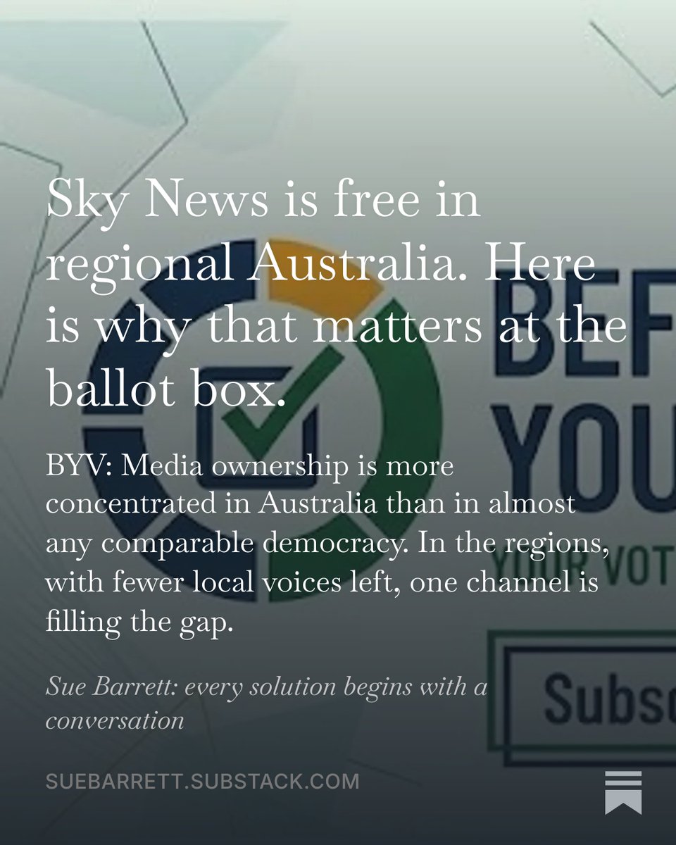 SueBarrett's tweet photo. Sky News is free in regional Australia. Here is why that matters at the ballot box.

Now called News24, it is owned by News Corp, which also holds 59% of metro and national print readership. 

Over a quarter of local government areas have no independent local news. 

You cannot weigh a claim against nothing. Why media variety matters before you vote. 👇

https://t.co/dL04Xueavk 

#auspol
@TrueNorthNewsAU 
@deniseshrivell 
@aaronsmith 
@BrentHodgson