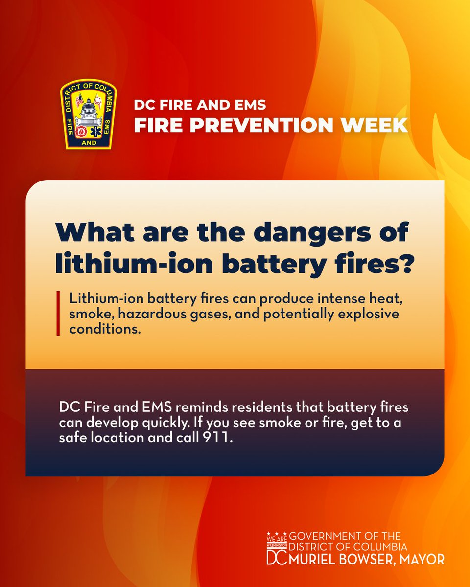 dcfireems's tweet photo. The dangers of lithium-ion battery fires...

Lithium-ion battery fires can produce intense heat, smoke, hazardous gases, and potentially explosive conditions. 

These fires can develop quickly. If you see smoke/fire get to a safe location/call 911. 

#FirePreventionWeek2026 https://t.co/Xa0S8AjZuk
