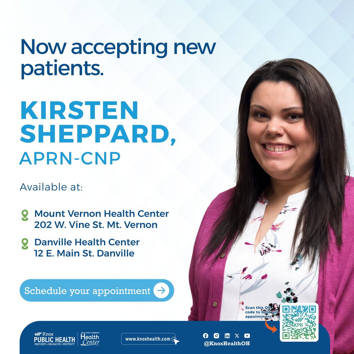 KnoxHealthOH's tweet photo. 📢 Good news!
We wanted to let you know that Kirsten Sheppard is now accepting new patients at both our Mount Vernon Health Center and Danville Health Center locations.
Check the link in the comments to get started.
#KCCHealthCenter #KirstinSheppard #KnoxPublicHealthOH https://t.co/429AxQRnLE