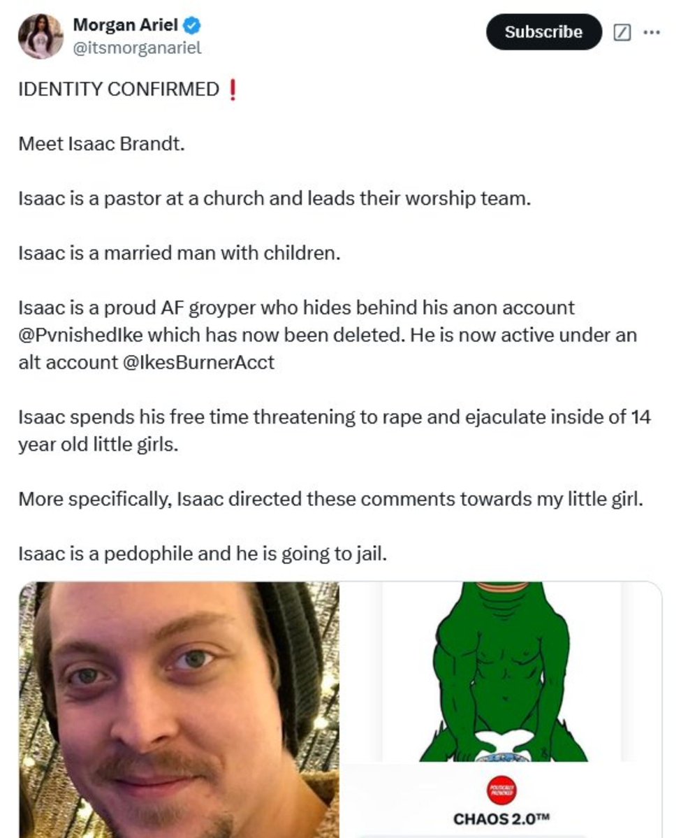EsoShaggy's tweet photo. BREAKING: Candace Owens class Influencer Morgan Ariel LOST a defamation lawsuit worth 5.5 million dollars.

She ruined the life of pastor Isaac Samuelson defaming him as a child abusing pedophile to millions of people.

The Candace Owens cult ruins lives.

Credit: @aidannonx https://t.co/s40pFDWnod