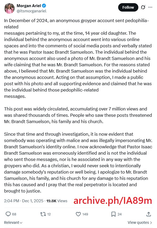 EsoShaggy's tweet photo. BREAKING: Candace Owens class Influencer Morgan Ariel LOST a defamation lawsuit worth 5.5 million dollars.

She ruined the life of pastor Isaac Samuelson defaming him as a child abusing pedophile to millions of people.

The Candace Owens cult ruins lives.

Credit: @aidannonx https://t.co/s40pFDWnod