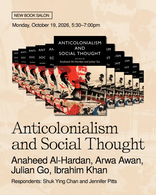 Repeated images of book cover for Anticolonialism and Social Thought. Composite image of spray paint stencil art of political figures.