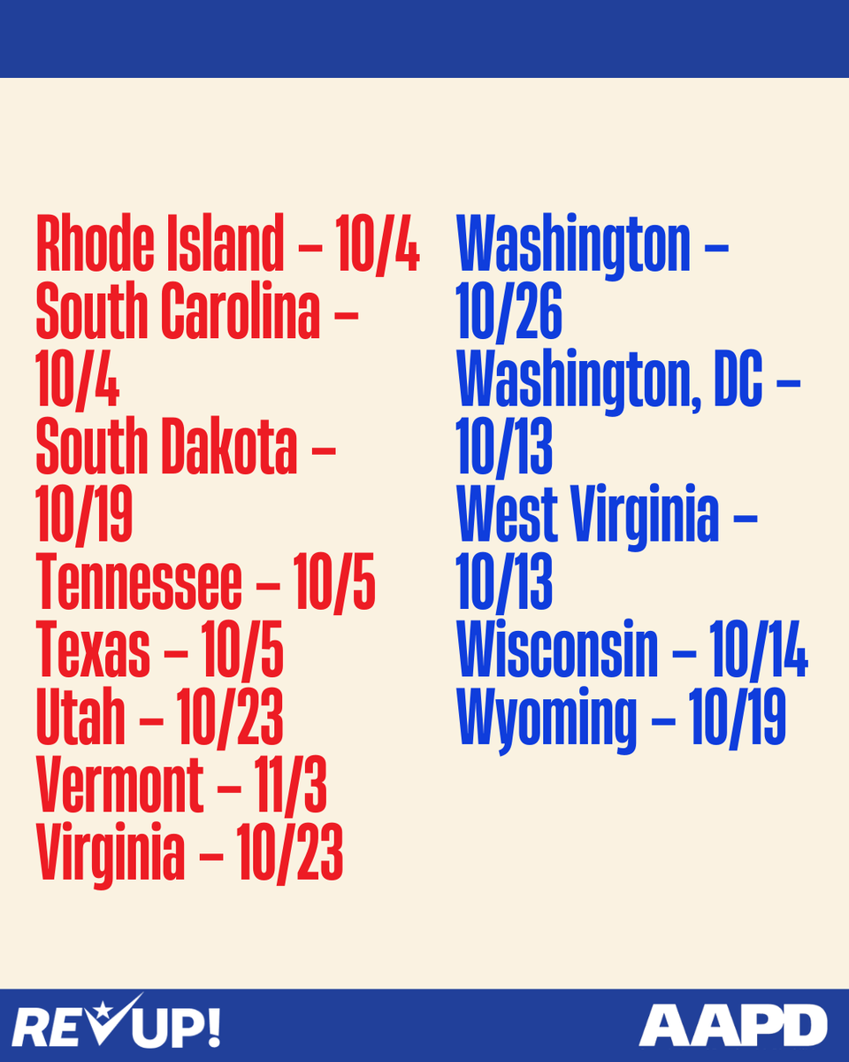 AAPD's tweet photo. Voter registration deadlines are quickly approaching! 11 states have voter registration deadlines today. Check your registration status or complete your registration at https://t.co/W8l36Y7FWr. https://t.co/D6T4VQzRMS