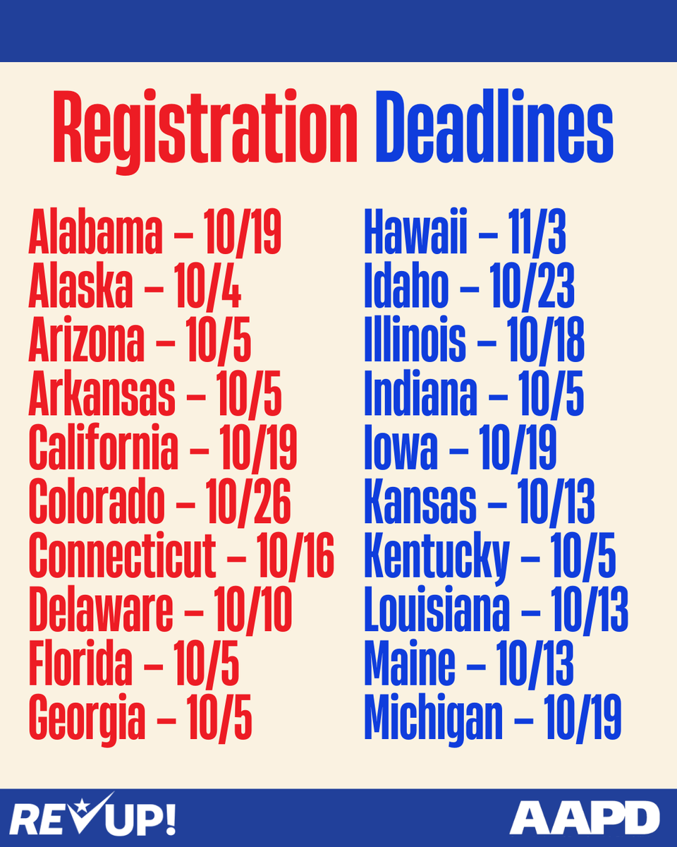 AAPD's tweet photo. Voter registration deadlines are quickly approaching! 11 states have voter registration deadlines today. Check your registration status or complete your registration at https://t.co/W8l36Y7FWr. https://t.co/D6T4VQzRMS