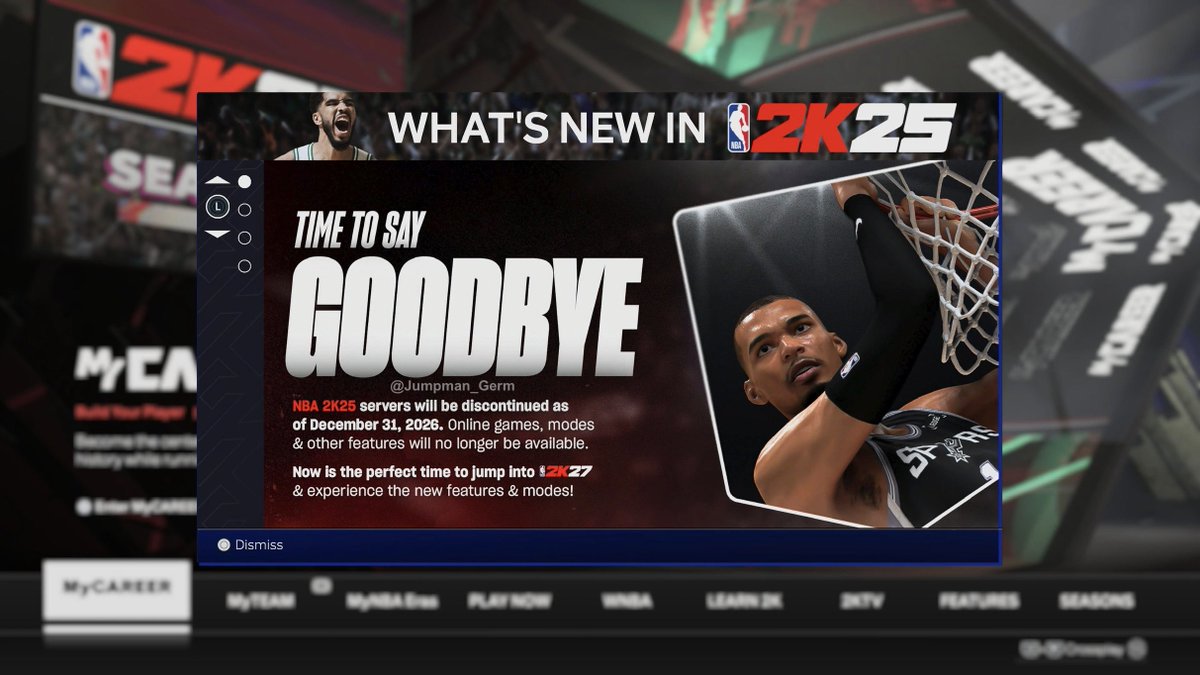 Jumpman_Germ's tweet photo. NBA 2K25 servers are shutting down on December 31, 2026. https://t.co/53XE7xqp7Y