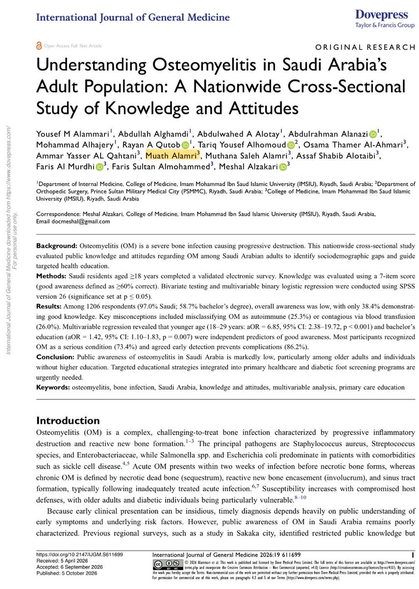 moathslife's tweet photo. بفضل الله وتوفيقه، تم نشر بحثنا 📄:

Understanding Osteomyelitis in Saudi Arabia’s Adult Population: A Nationwide Cross-Sectional Study of Knowledge and Attitudes

المصنّفة (Q2)
بإشراف @YousefAlammari @mal_hajery @QutobRayan

🔗: https://t.co/o8g1FRciyf

والشكر لكل من ساهم في هذا العمل من الباحثين والزملاء.