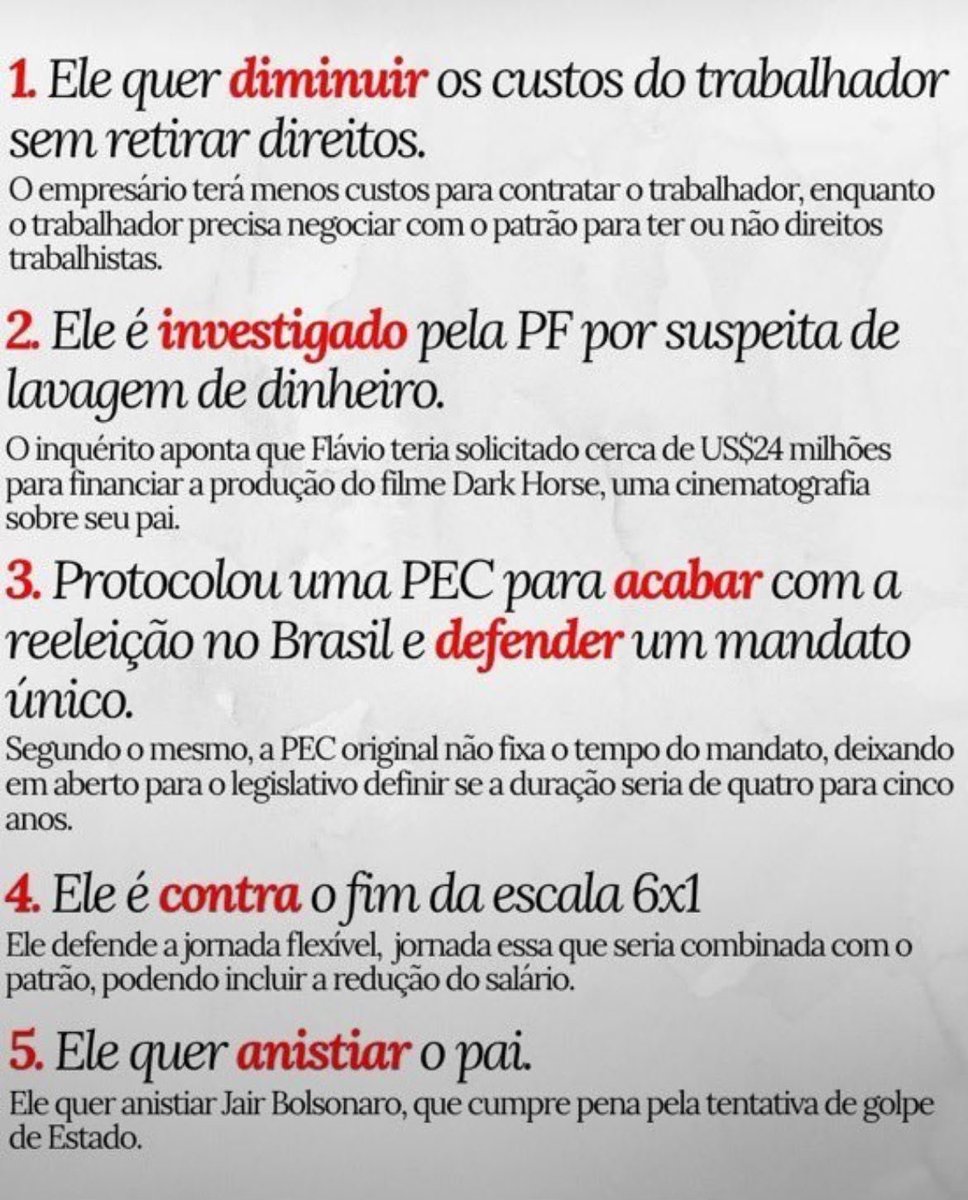 gimeloveboy's tweet photo. cinco motivos para NÃO votar em Flávio Bolsonaro no segundo turno!!!!
#Eleições2026 #EleNão #FandomComLula https://t.co/w3u0s4M1xy