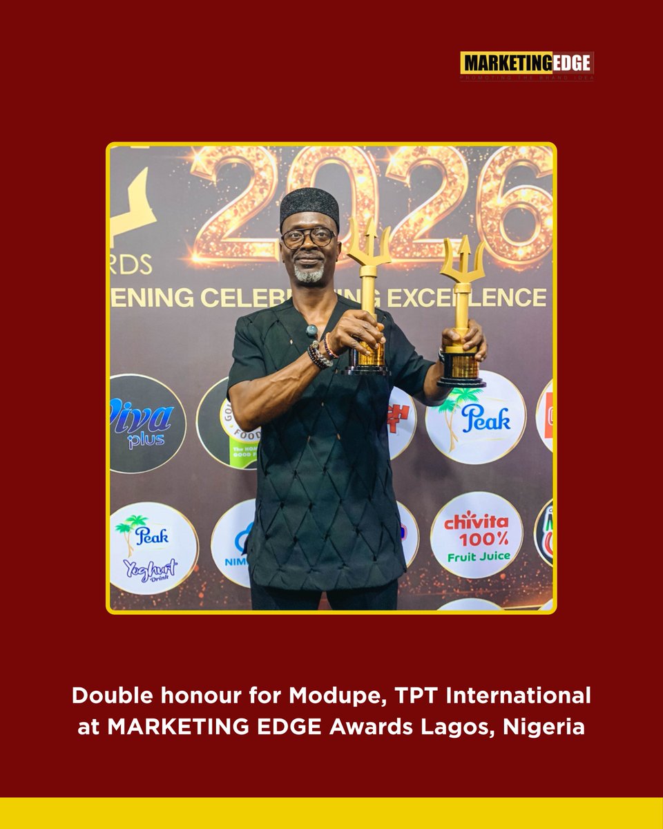 MarketingEdgeM's tweet photo. Double win for TPT International at the 2026 MARKETING EDGE Awards! Founder Adetokunbo Modupe named PR Industry Legend, and TPT takes Strategic Communication Company of the Year.
#marketingedge #tptinternational #edgeawards #publicrelations #prlegend #prnigeria https://t.co/0O54d9G9l8