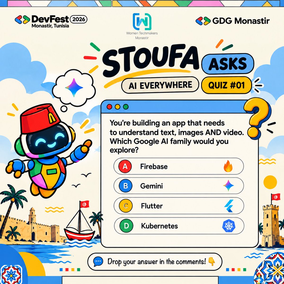 AhlemButterfly's tweet photo. Quiz #01!
Choose your answer and drop it in the comments! 👇
No Googling… Stoufa is watching! 🤖😂
📅 31 October 2026
📍 Les Jumelles – Salle Polyvalente, Monastir
🎟️ https://t.co/D4FHAboCPR
#DevFest26
@googledevs @googledevgroups @GoogleDevExpert @GDGMonastir @WomenTechmakers https://t.co/Kr8FHXyPnf