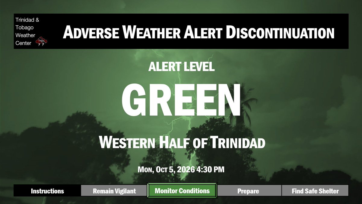 TTWeatherCenter's tweet photo. The Adverse Weather Alert has been discontinued for the western half of Trinidad after heavy afternoon showers and thunderstorms caused flooding across west-central Trinidad.

While less impactful weather is forecast, isolated showers and thunderstorms are still forecast overnight for T&T.

Details: https://t.co/HwVJDzagG4