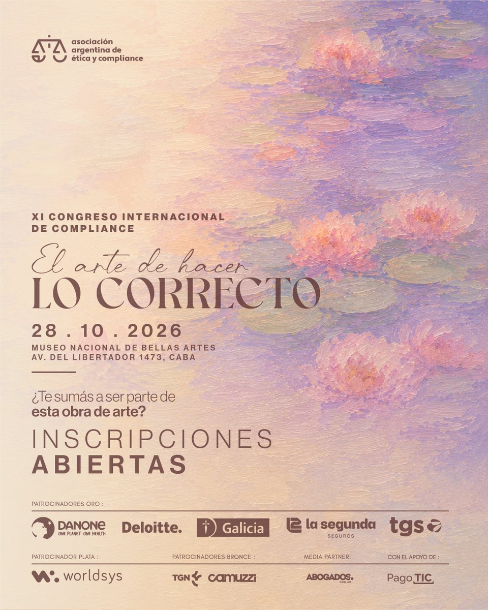 AAECOMPLIANCE's tweet photo. 🎨 Llega el XI Congreso Internacional de Ética y Compliance: “El Arte de Hacer lo Correcto”.

💬 Referentes e ideas para conectar ética y creatividad.

📅 28/10 | 🕑 14 a 20 hs
📍 Museo Nacional de Bellas Artes, CABA

👉Link: https://t.co/QATXHNhUZb
#AAEC #CongresoDeCompliance https://t.co/DO6znMQp7l