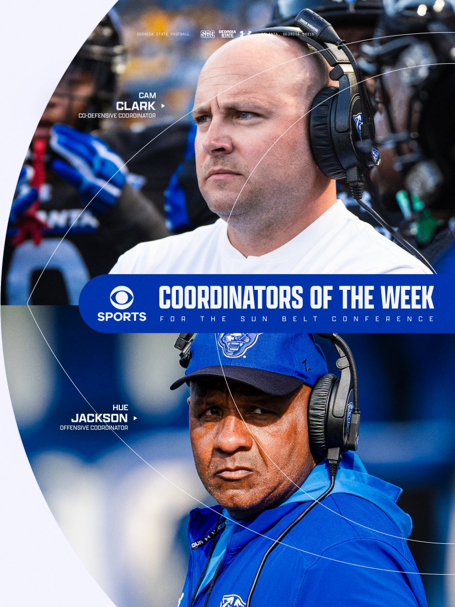 GeorgiaStateFB's tweet photo. Offense and Defense are on fire 🔥

Co-Defensive Coordinator Cam Clark and Offensive Coordinator Hue Jackson have both been named @CBSSports Coordinators of the Week for the Sun Belt Conference!

#LightItBlue | #HistoryHappensHere