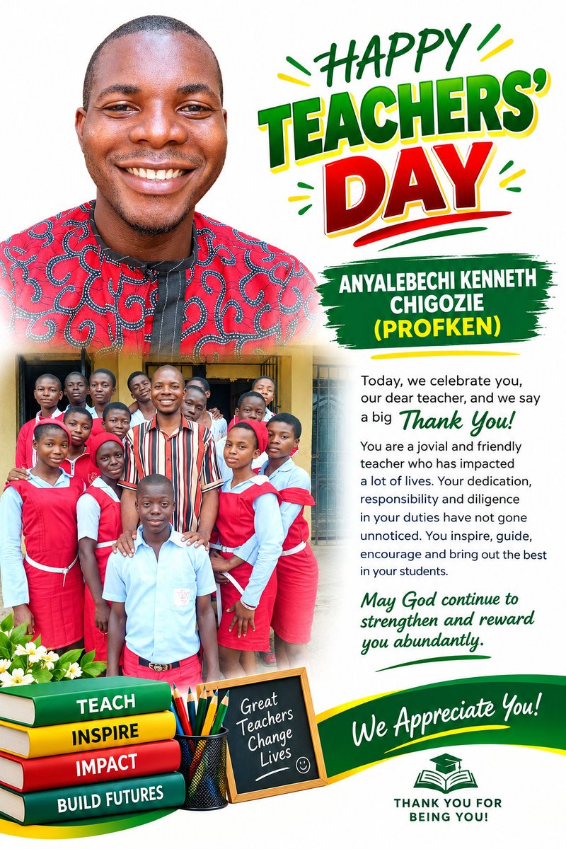 profkenc's tweet photo. WORLD TEACHERS' DAY 2026: Standing with teachers: 60 years of protecting the profession, advancing its status and shaping our futures".

Happy Teachers, Happy Students!!

Celebrate a teacher today 
#teachersday2026
#profken #nwateacher #nwateacherfine https://t.co/ACQGlD21Ux