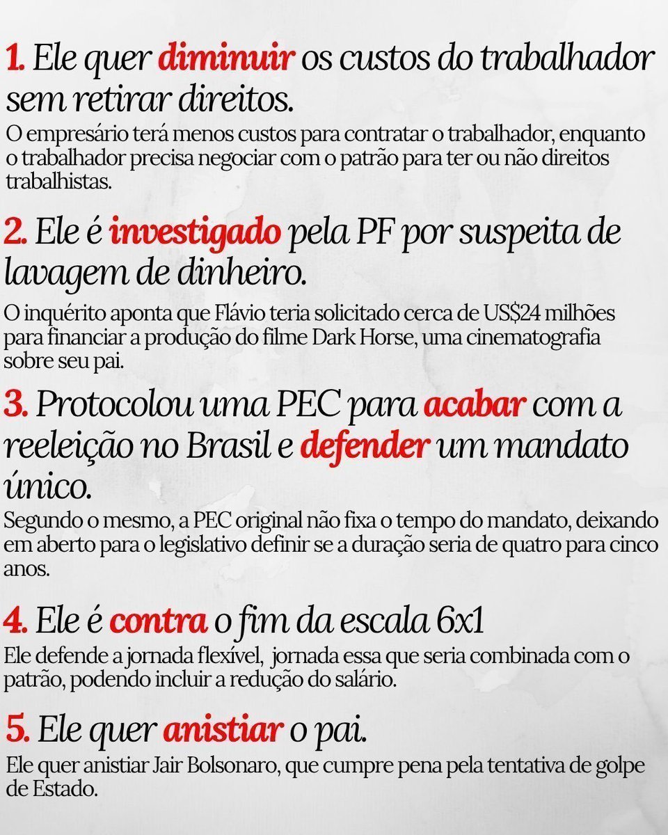 Danyblvd's tweet photo. 🚨 5 motivos para NÃO votar em Flávio Bolsonaro no segundo turno! 🚨

#Eleições2026 #EleNão https://t.co/8dDtbCanBL