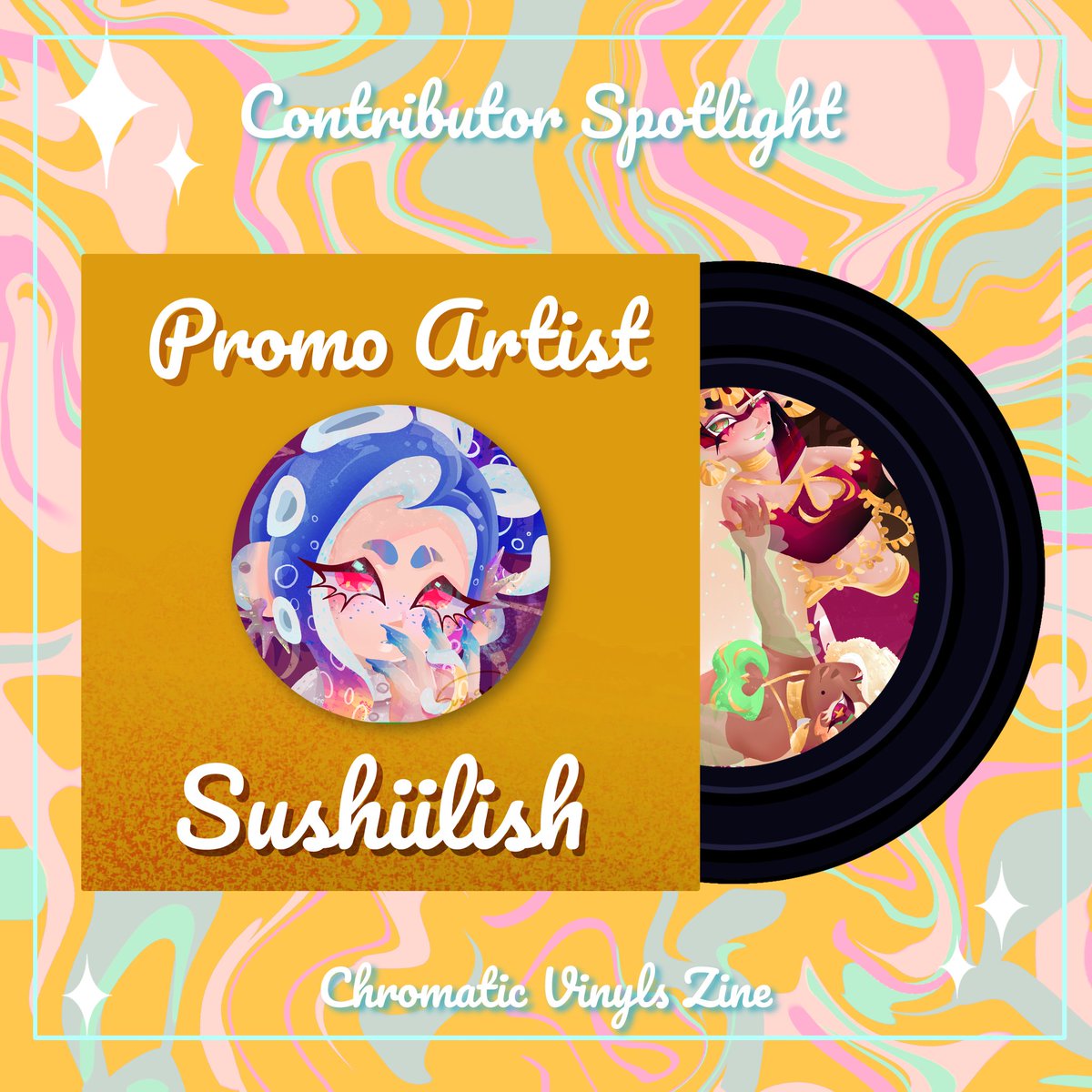 ChromaticVinyls's tweet photo. And for our last two moderators we have sushii and @tapiioc! 
Their art looks quite delicious right? °·🍣 🧋.ೃ࿔*:･

#ZINE #FANZINE https://t.co/D2WkuqyilS