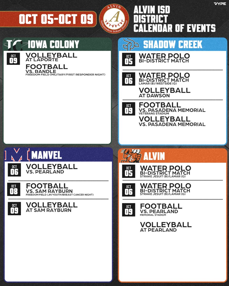 AlvinISDAth's tweet photo. A busy week ahead for Alvin ISD Athletics! 🏐🏈🤽

🔥 PLAYOFF TIME! Our Water Polo teams hit the pool this week to begin their postseason run, while volleyball and football continue district action!

Good luck to all of our teams competing this week! 
#AlvinISDAthletics #GameWeek https://t.co/FE6e1qF8te