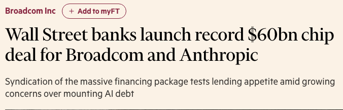 wallstengine's tweet photo. Bank of America, Citi and Morgan Stanley have begun syndicating a $60B debt package tied to Anthropic’s lease of Google-designed AI chips supplied through Broadcom $AVGO, the largest chip-financing deal to date.

The financing includes:

• $42B of senior secured debt supported by Broadcom, which has begun bank syndication  
• $18B of junior debt without Broadcom guarantees  
• Blackstone has already committed about $9B to the junior tranche

The proceeds are expected to fund Anthropic’s 2027 chip orders, with lease payments beginning once the chips are delivered.

Broadcom is partially backstopping the financing to help lower Anthropic’s borrowing costs. Its A- credit rating could also allow the $42B senior portion to eventually be sold to a broader investor base through private placements or investment-grade bonds.

The deal centers on Google $GOOGL tensor processing units being developed with Broadcom as an alternative to Nvidia $NVDA GPUs for large-scale AI workloads.

Anthropic could also issue up to $42B of convertible notes to Broadcom to cover lease payments, according to Broadcom filings cited by FT.

Source: FT