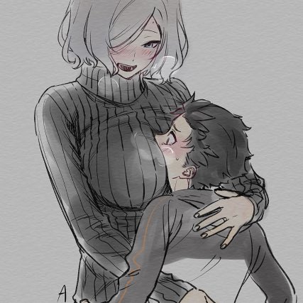 Mhatyuh's tweet photo. I’ve had this art piece since 2020 (or 2021) and still don’t know who the artist is. It’s Fem-Otto (Audrey) smothering a flushed Subaru. She seems to be drunk. Hopefully I can find the artist soon.

[Not my art] #rezero #subaru #otto #season2 https://t.co/zR7I3O1vqZ