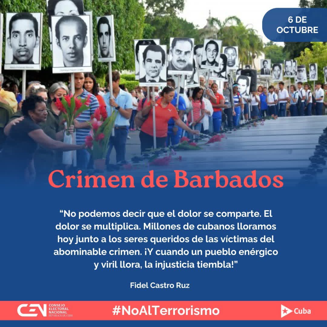 Elecciones_Cuba's tweet photo. 🔹️Hoy se cumplen 50 años del horrendo crimen de Barbados. 73 personas fueron asesinadas, de ellas 57 cubanos, al estallar dos explosivos en pleno vuelo de Cubana de Aviación.
#NoAlTerrorismo https://t.co/S99s5k1SiG