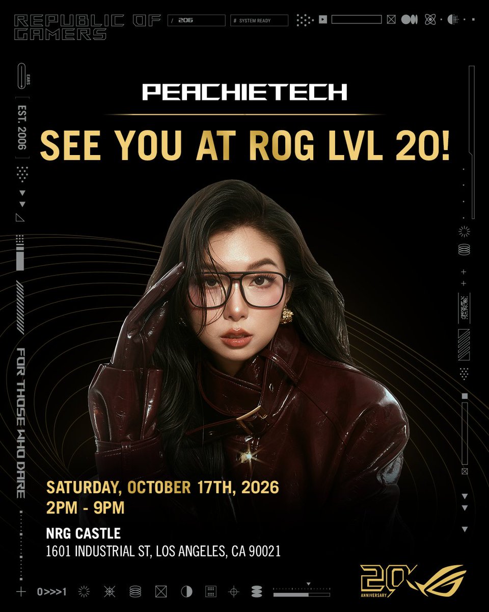 ASUS_ROGNA's tweet photo. A familiar face from the tech & gaming community is heading to LVL 20! 👀💻🎮⁣
⁣
@peachietech is joining us for the ROG LVL 20 celebration! ❤️⁣
⁣
20 years of ROG is a milestone worth celebrating, and we’re bringing together creators, gamers, and the community for a day to remember. 🔥⁣
⁣
📅 October 17, 2026⁣
📍 NRG Castle | Los Angeles, CA⁣
⁣
Want to be part of the celebration? 👀⁣
🔗 RSVP through https://t.co/LIV2v18JSd⁣
⁣
Let’s celebrate 20 years of For Those Who Dare. ❤️‍🔥⁣
⁣
#ROGLVL20 #ROG20thAnniversary #ForThoseWhoDare