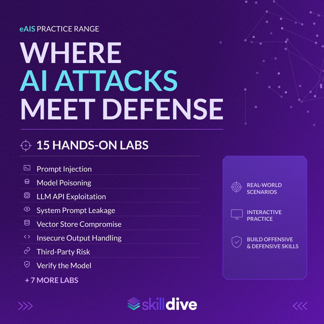 SecurityTube's tweet photo. Put AI security knowledge into practice.

The eAIS Practice Range features 15 hands-on labs built around real-world scenarios, from prompt injection and model poisoning to LLM API exploitation.

👉 Build practical AI security skills in Skill Dive: https://t.co/Slnmfb4mC1 https://t.co/FeekMIZBxj