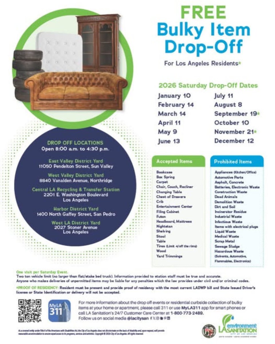 LACity's tweet photo. Got bulky items? 🛋️♻️

@LACitySAN is hosting a FREE Bulky Item Drop-Off this Saturday, October 10th from 8:00 AM–4:30 PM at select locations citywide.

Check the flyer for details and help keep our neighborhoods clean! https://t.co/v2XIdaks97