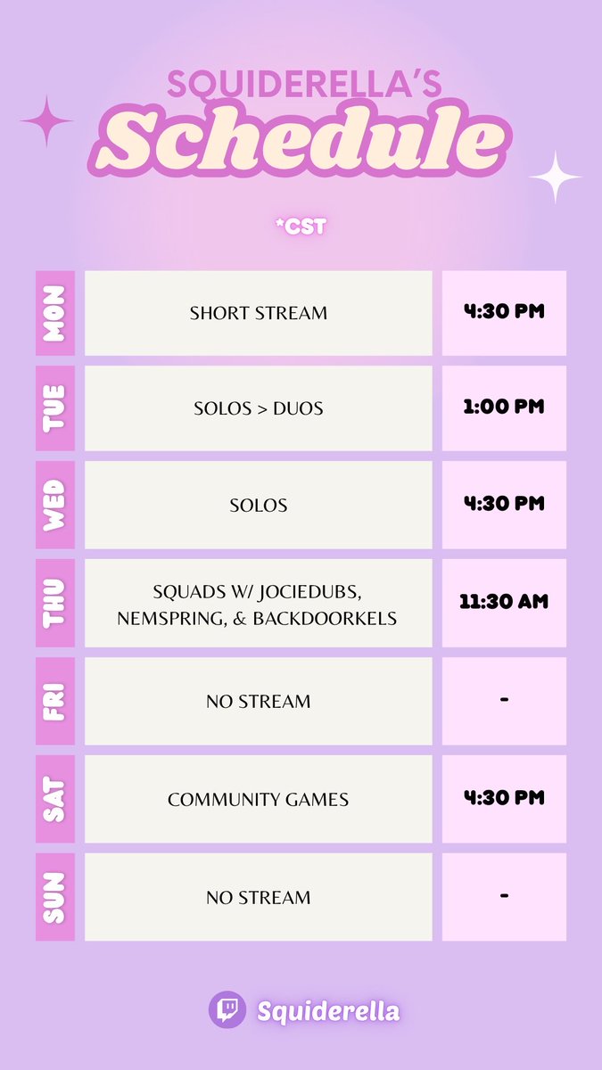 Squiderella0's tweet photo. Schedule for this week! https://t.co/lnEYVsMRo1
