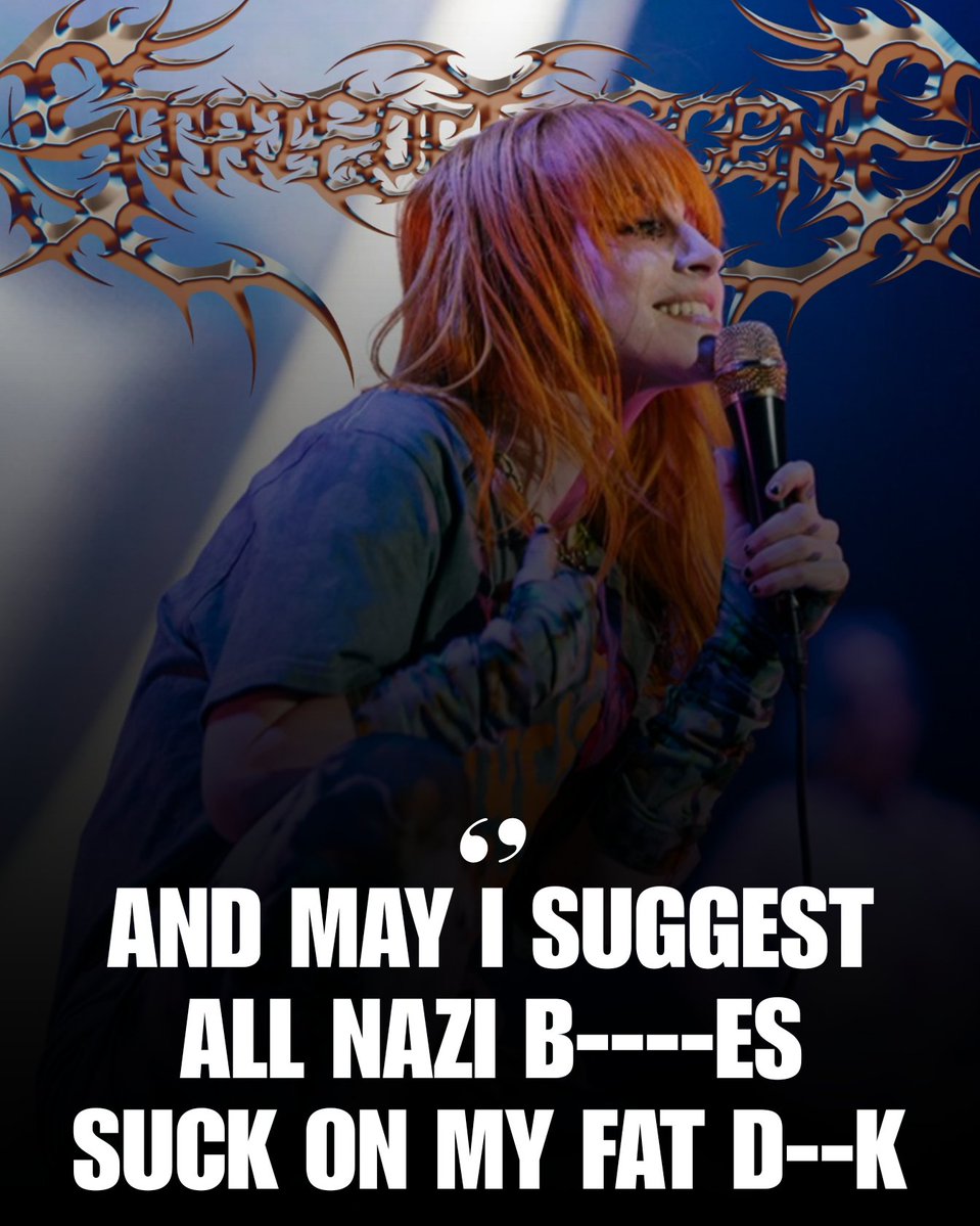SOTSPodcast's tweet photo. After a spokesman's for the Department of Homeland Security suggested Hayley Williams "thank them (ICE) for their service" in response to her recent on stage comments, Hayley responded via Instagram:

"And may i suggest all nazi bitches suck on my fat dick" https://t.co/7sedYF7YWm