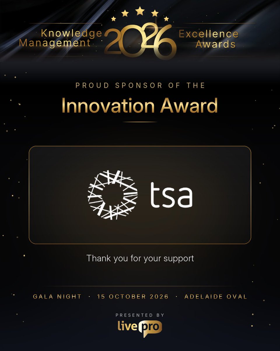 liveprosoftware's tweet photo. Introducing the sponsor of the Innovation Award at the 2026 Knowledge Management Excellence Awards: TSA Group! 🏆
Thank you for championing the teams finding new and better ways to put knowledge to work.
More info 👉 https://t.co/OOs4KeEKuo https://t.co/yWYPcDUO5Q